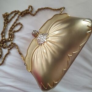VINTAGE Brushed Gold Tone Crossbody Bag with Rhinestone Embellishment